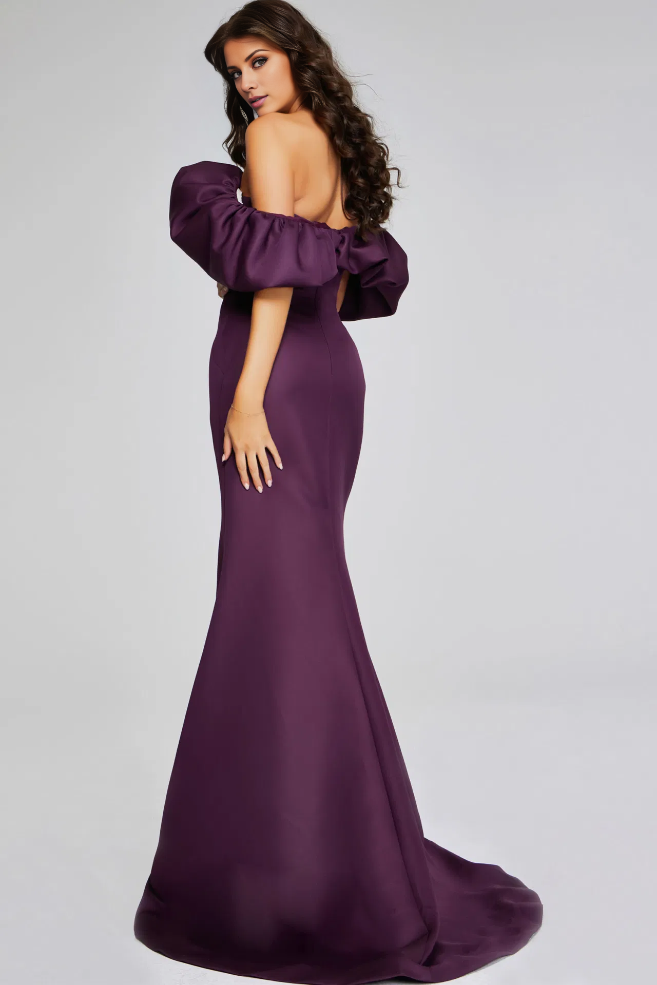 Off shoulder collar ruffled sleeves and floor length mother of the bride dress