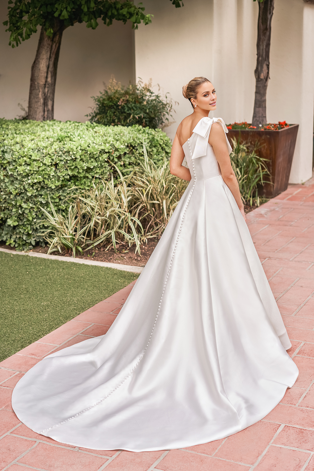 Ivory Satin One Shoulder A-Line Floor-Length Gown with Bow