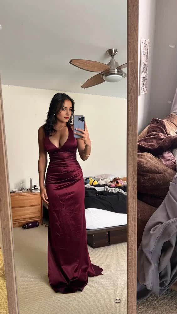 Vestido de fiesta largo con escote en V rojo vino sencillo de Jimiss, vestido formal de graduación