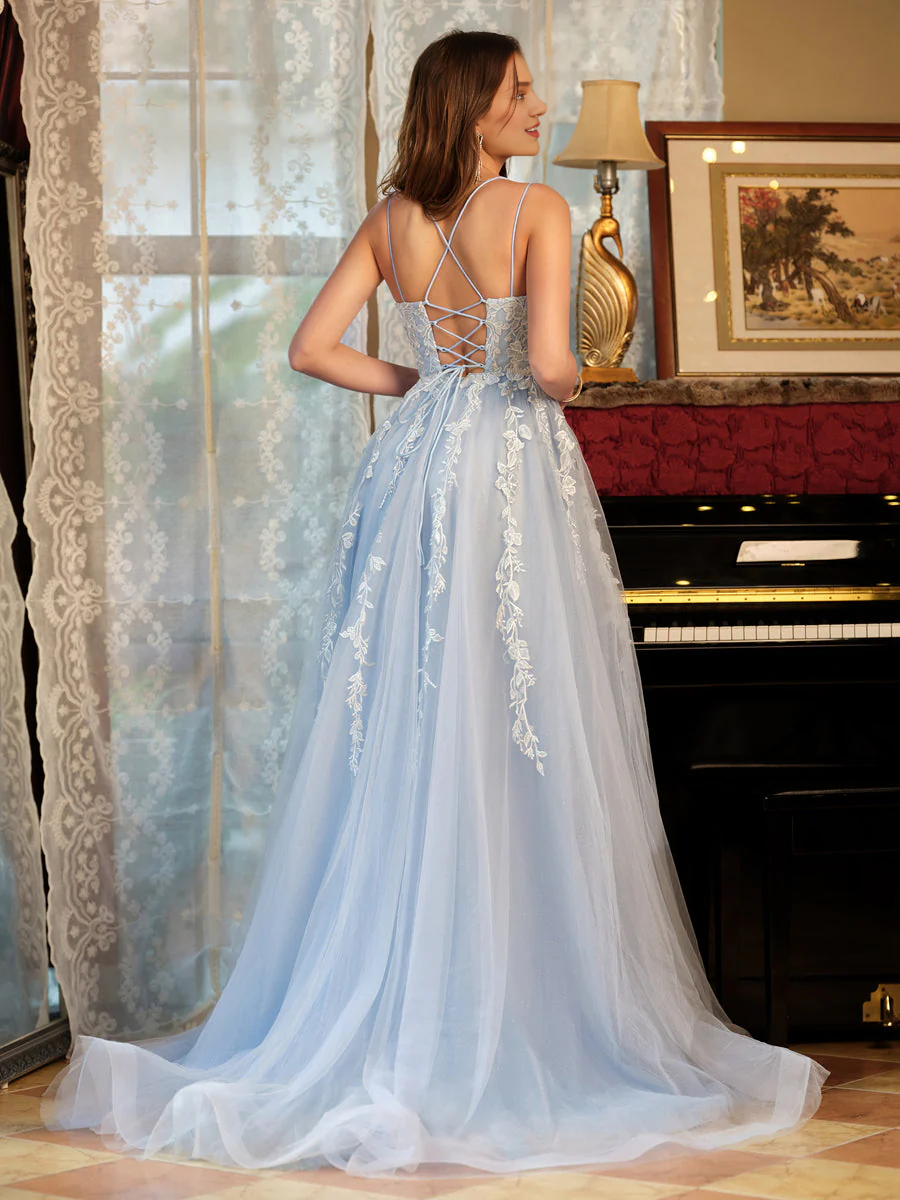 Sky Blue Floral Lace A-Line Floor-Length Bridesmaid Dress