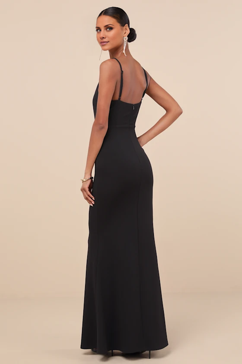 Black Crepe Mermaid Square Neck Floor-Length Dress