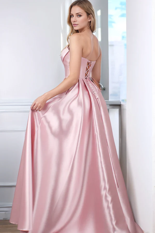 Blushing Pink Satin A-Line Floor-Length Dress with Sweetheart Neckline, High Slit & Pockets