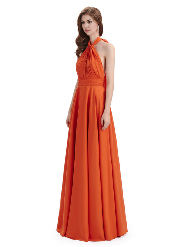 Vestidos de dama de honor sencillos de corte A, cuello alto, halter, sin mangas, plisados, de gasa, hasta el suelo