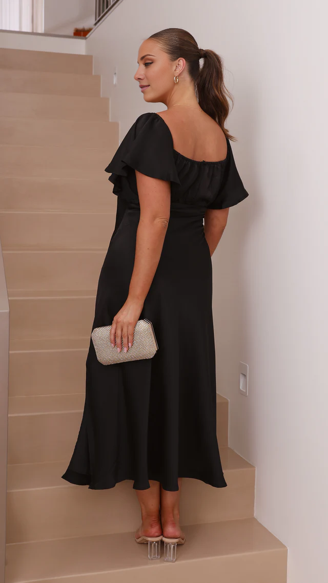 Vestido de fiesta Jimiss de corte A, escote en V, mangas con volantes y largo hasta el suelo