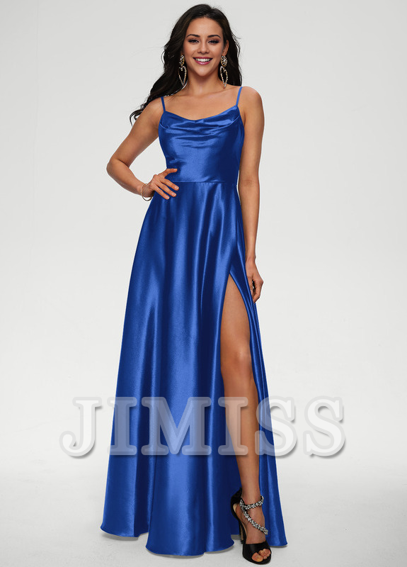 A-line draped floor-length satin prom dress