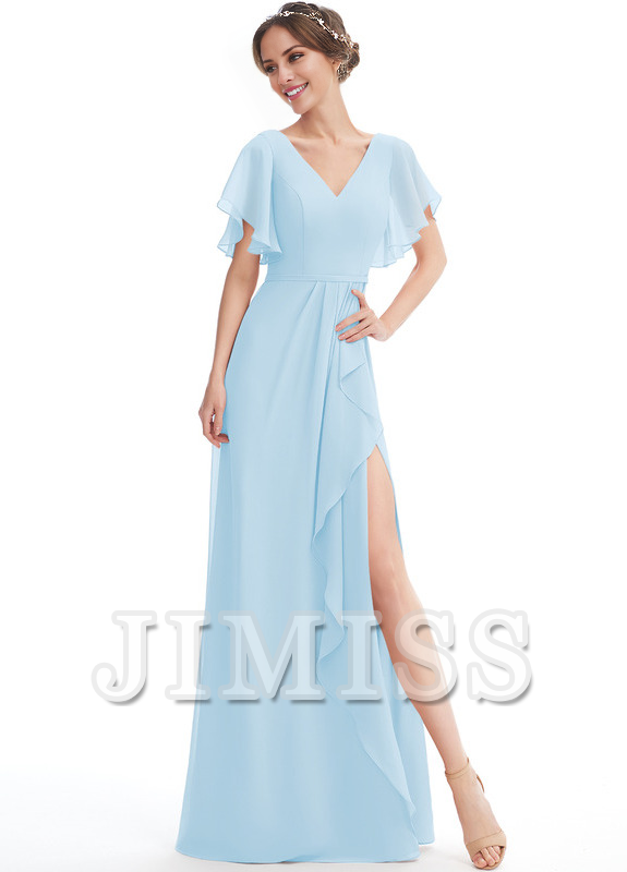 Vestido de dama de honor de gasa con volantes, escote en V y largo hasta el suelo