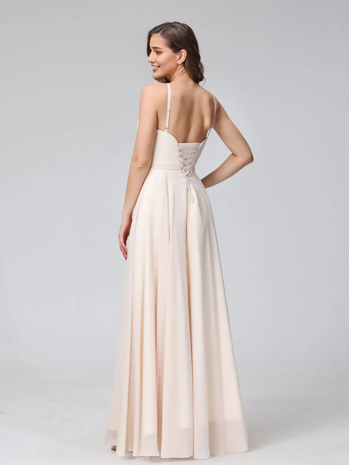 Chiffon Spaghetti-Strap V-Neck Ruched Bodice High-Slit A-Line Floor-Length Romantic Bridesmaid Dress