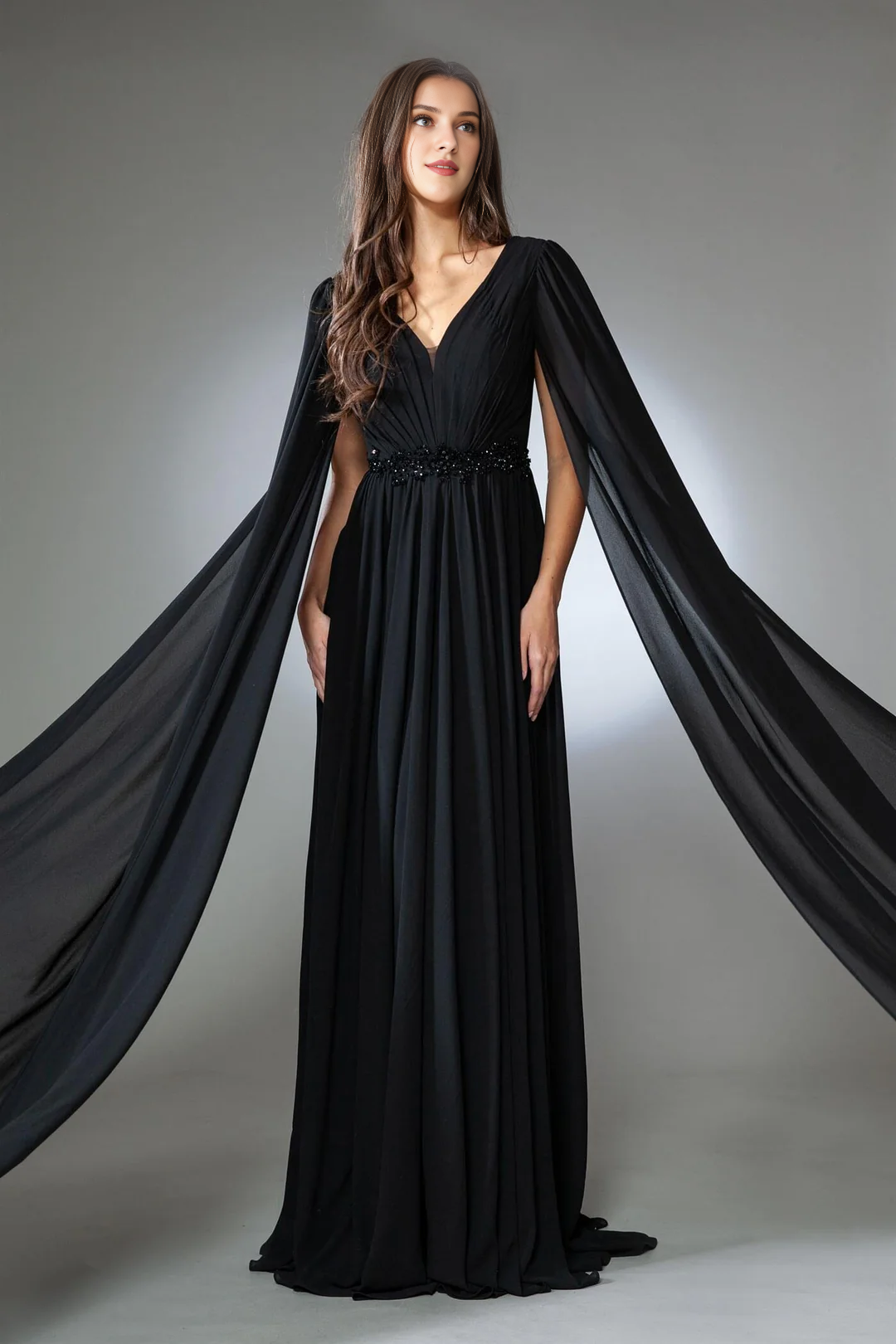 Long shawl sleeve V-neck chiffon dress paired with A-line skirt