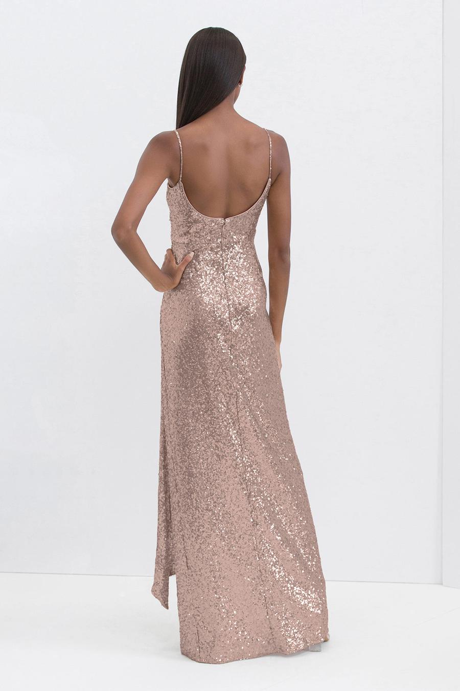 Jimiss square neckline thin shoulder straps sequins side slits and floor length evening dress