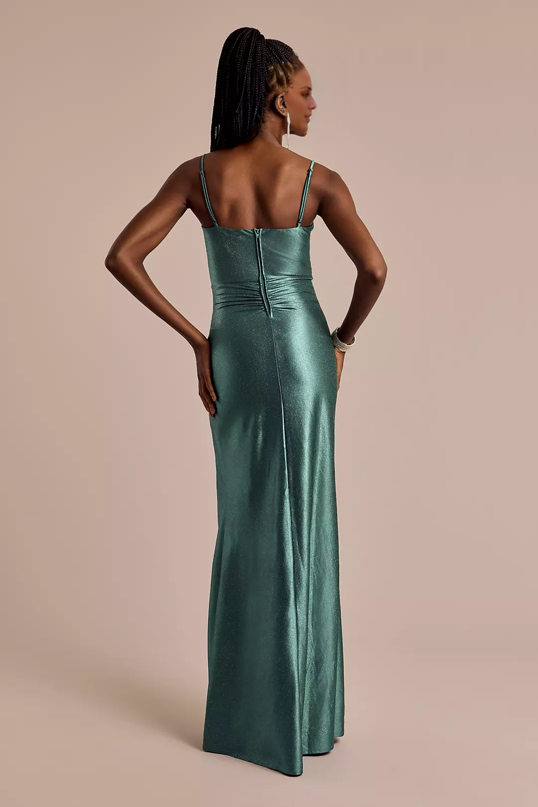 Vestido de fiesta Jimiss con escote en V, espalda descubierta, sin mangas, tirantes finos, plisado, abertura lateral y largo hasta el suelo