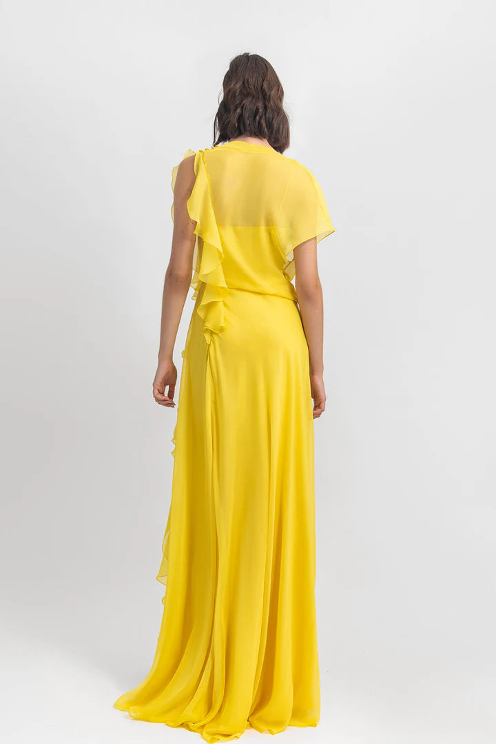 Asymmetric horn chiffon and ground length gowns evening dresses