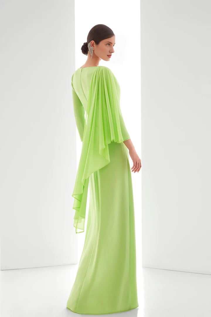 Crystal decorated crepe and chiffon evening gown