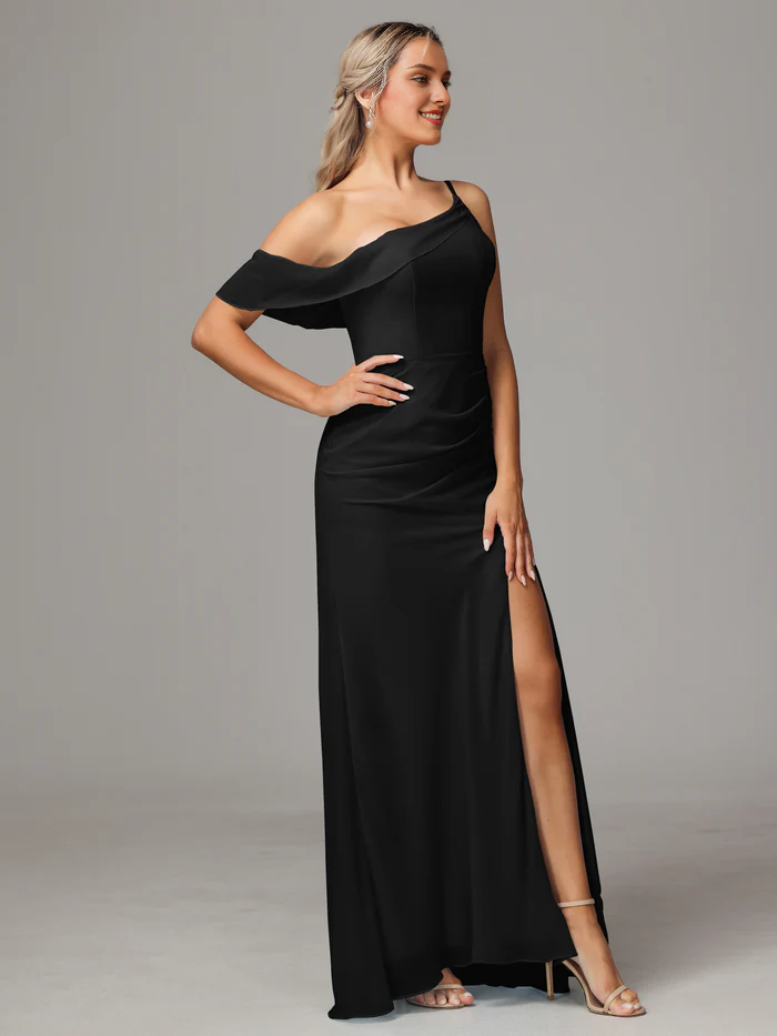 One shoulder off shoulder chiffon and floor length bridesmaid dress