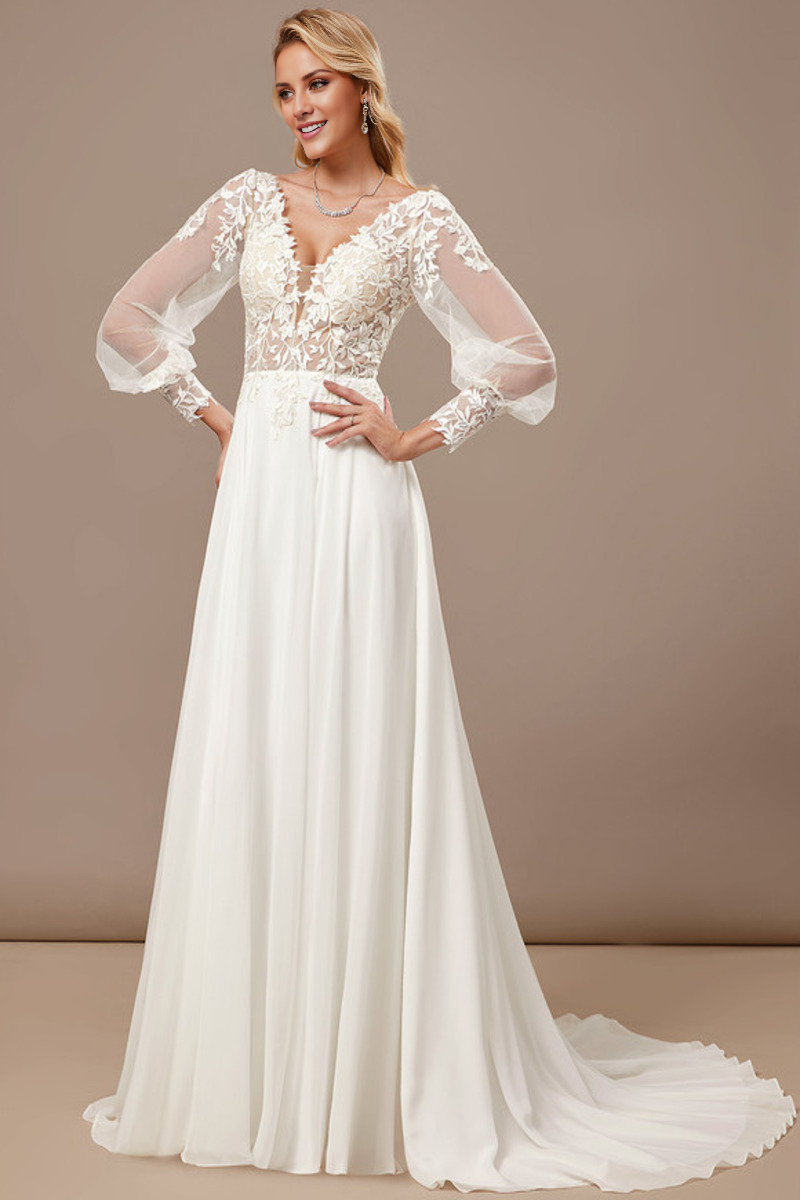 Ivory Lace A-Line V-Neck Floor-Length Bridesmaid Dress with Puffed Sleeves