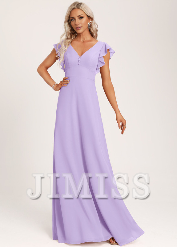 Vestido de dama de honor de gasa con volantes, escote en V y largo hasta el suelo