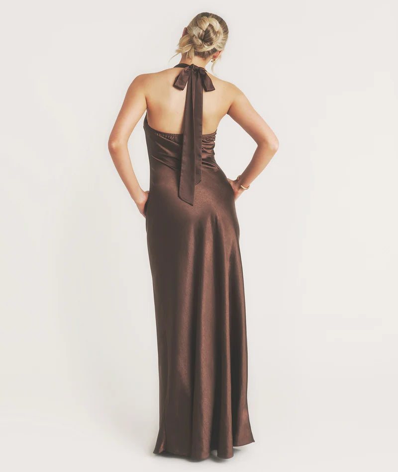 Vestido de fiesta Jimiss con escote halter, hombros descubiertos, sin mangas, espalda descubierta y largo hasta el suelo