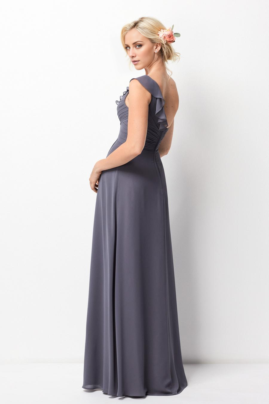 Vestido de noche Jimiss con cuello asimétrico, hombros descubiertos, sin mangas, espalda descubierta, plisado y largo hasta el suelo