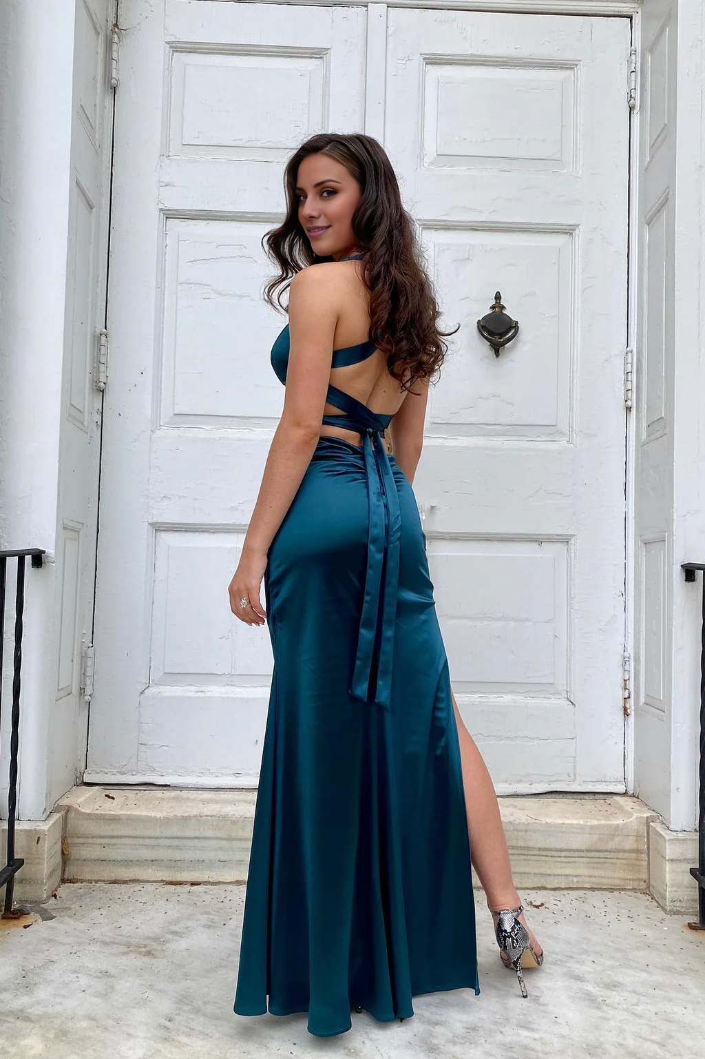 Teal Satin A-Line Floor-Length Evening Dress with Ruched V-Neck