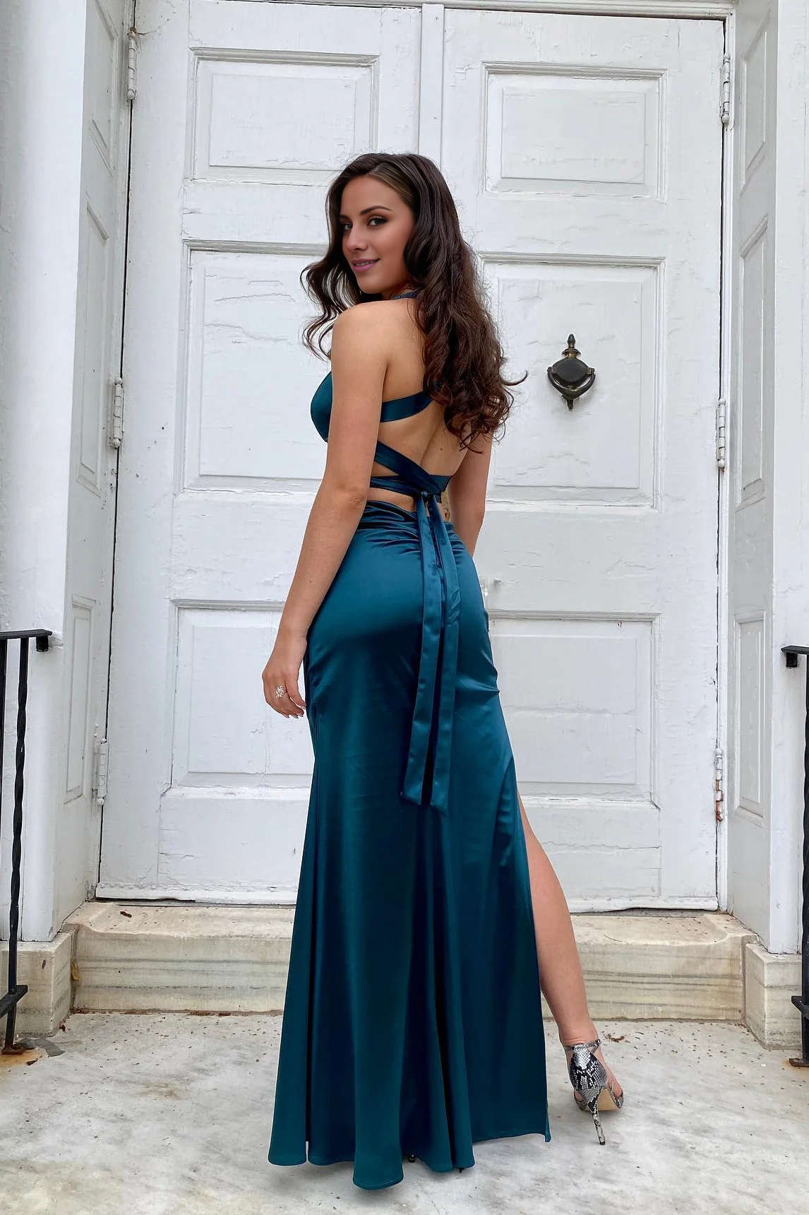 Teal Satin A-Line Floor-Length Evening Dress with Ruched V-Neck