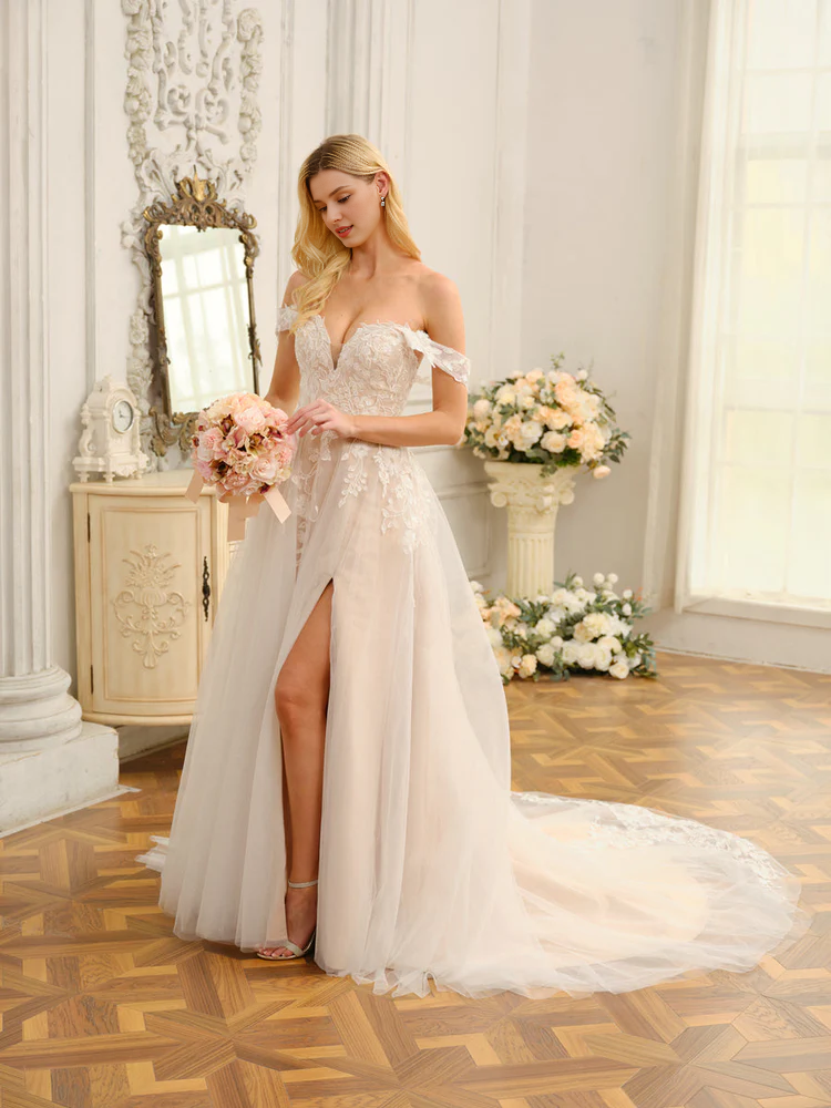 Vestido de novia largo con escote en V, sin mangas, con apliques y cuentas
