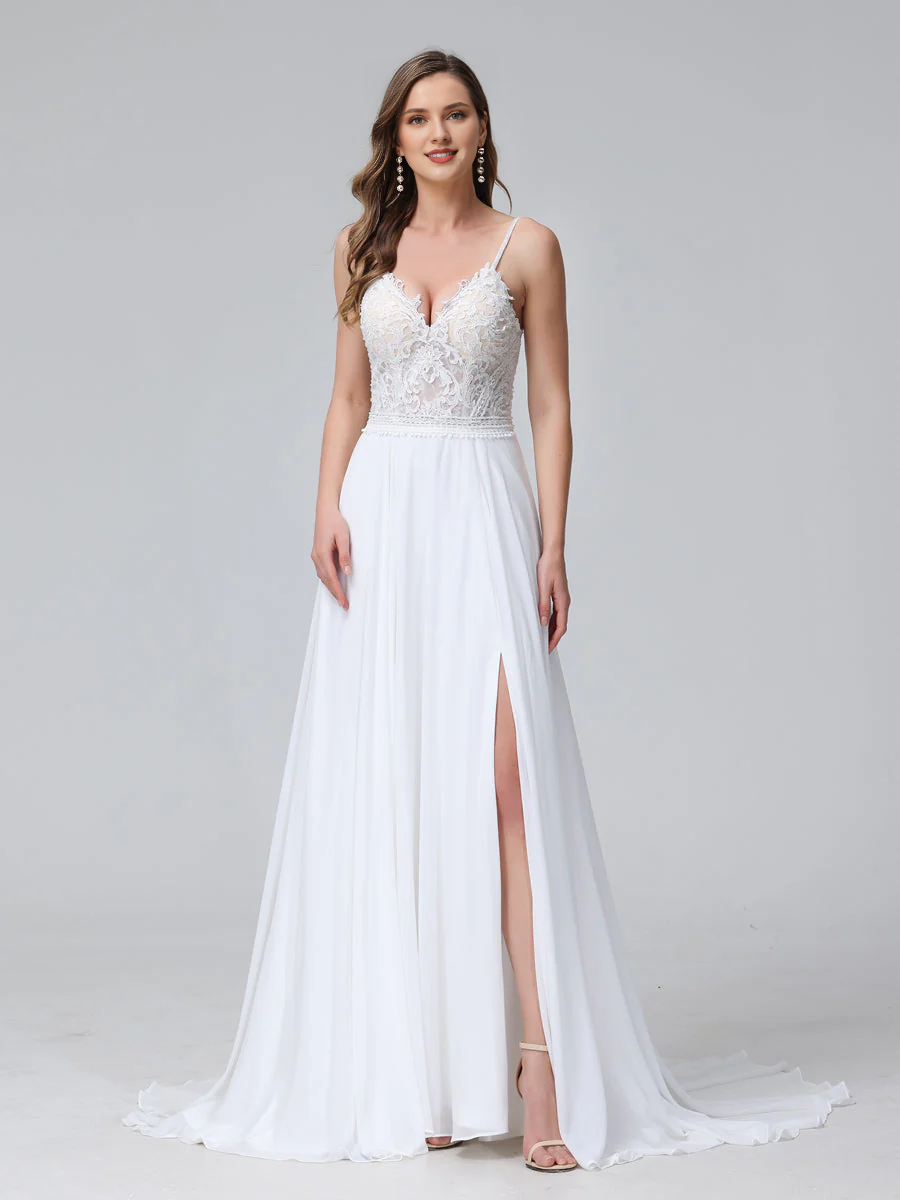 Vestido de novia largo de gasa sin mangas con escote en V y tirantes finos en forma de A