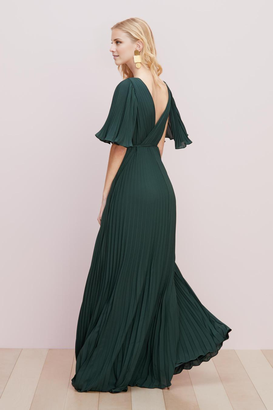 Vestido de noche Jimiss con escote en V, manga corta, detalle plisado, espalda descubierta, abertura lateral y largo hasta el suelo