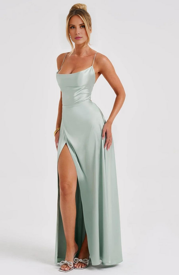 Sage Green Satin A-Line Floor-Length Bridesmaid Dress