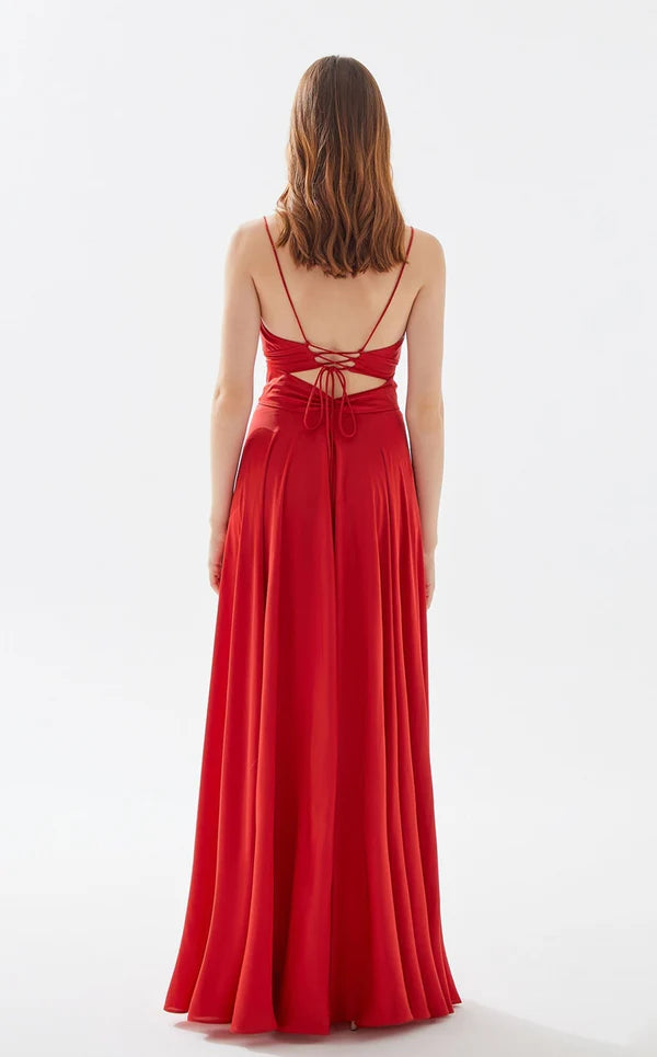 Vestido de noche con escote en V profundo, corte A, tirantes finos y largo hasta el suelo
