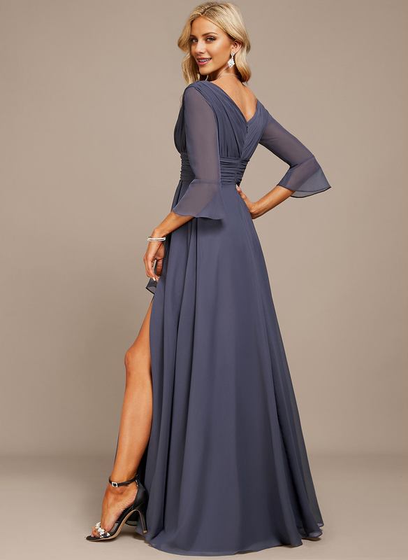 Stormy Chiffon A-Line Asymmetrical Bridesmaid Dress with V-Neck and Pleated Bodice
