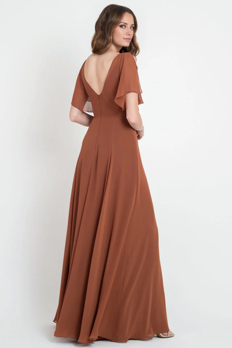 Jimiss V-neck off shoulder short sleeved backless and floor length evening dress