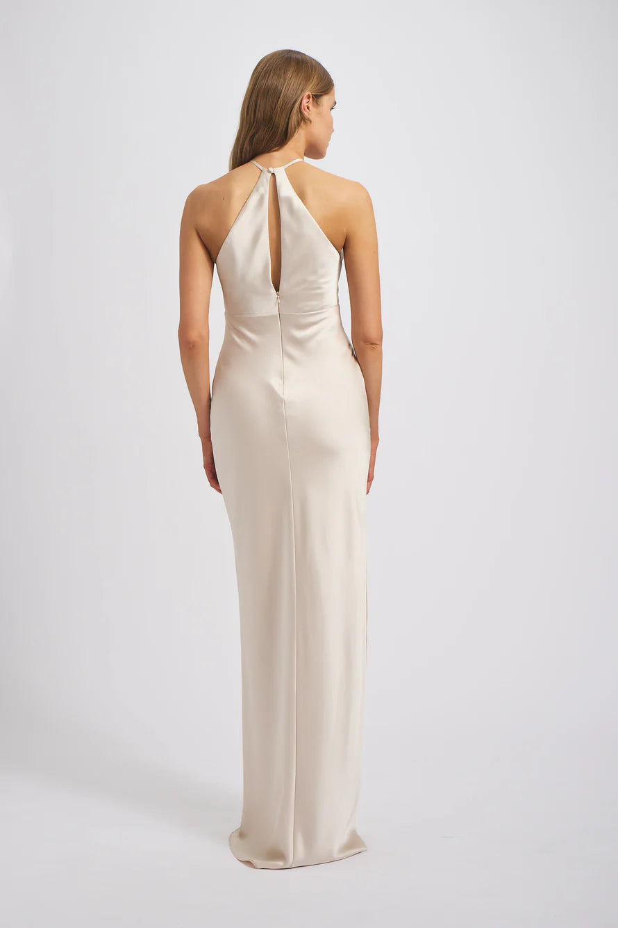 Vestido de fiesta Jimiss con escote halter, sin mangas, espalda descubierta, abertura lateral y largo hasta el suelo