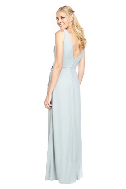 Vestido de fiesta Jimiss con escote en V profundo, hombros descubiertos, sin mangas, espalda descubierta y largo hasta el suelo