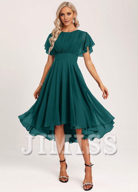 Burgundy Chiffon A-Line Asymmetrical Bridesmaid Dress with Boat Neck & Flutter Sleeves