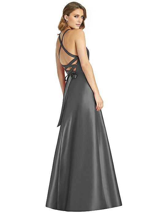 Vestido de noche Jimiss con escote halter, hombros descubiertos, sin mangas, espalda descubierta y largo hasta el suelo