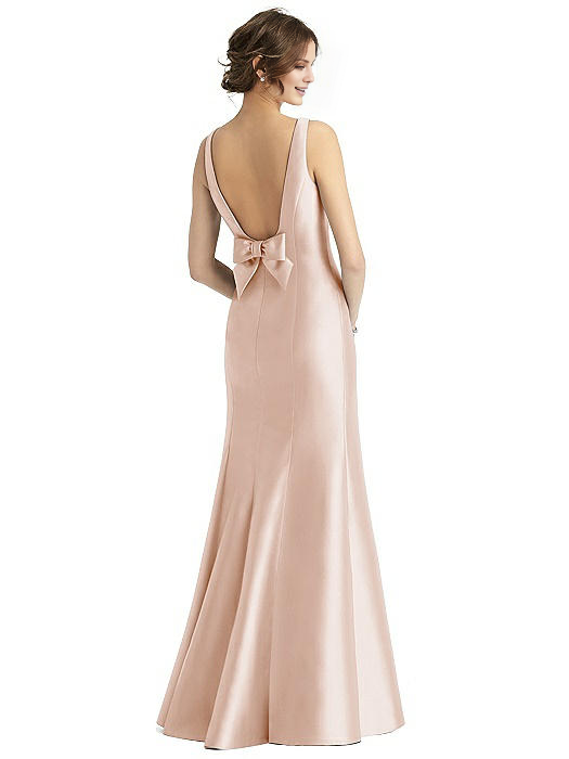 Vestido de fiesta Jimiss con escote barco, hombros descubiertos, sin mangas, espalda descubierta, detalles de lazo y largo hasta el suelo