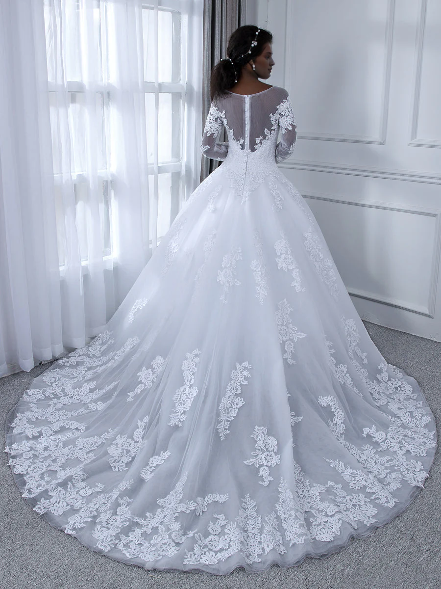 Vestido de novia de gasa de manga larga con cuello transparente y calcomanía con adorno de perlas