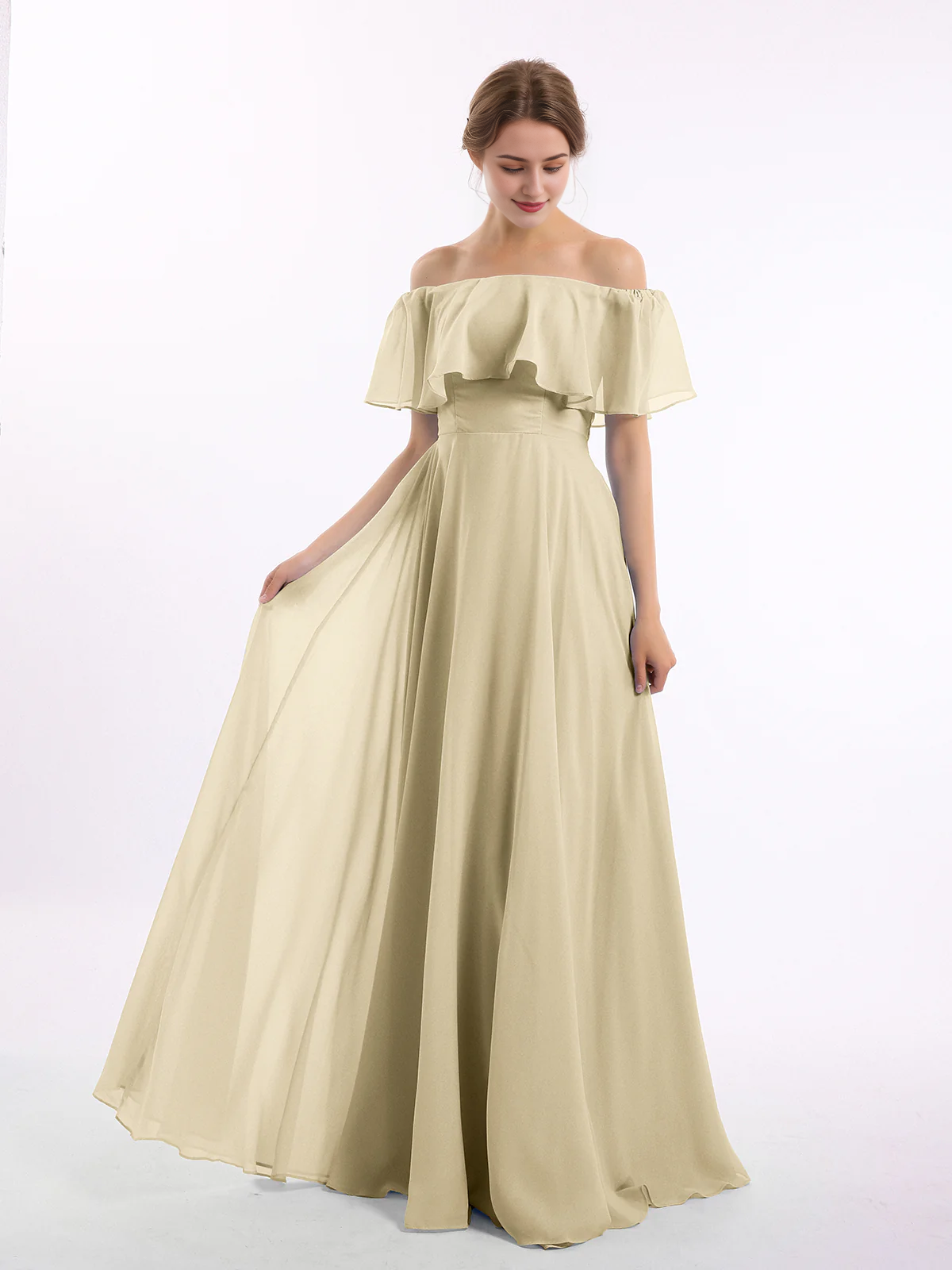 Sage Green Chiffon A-Line Off-the-Shoulder Floor-Length Bridesmaid Dress