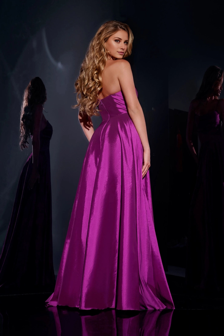 Mulberry Satin Straight Neck A-Line Floor-Length Evening Dress with High Slit