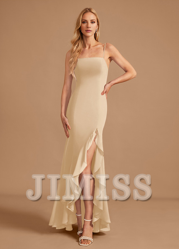 Vestido de dama de honor de gasa con volantes, corte trompeta, cola de pez, cuadrado, largo hasta el suelo