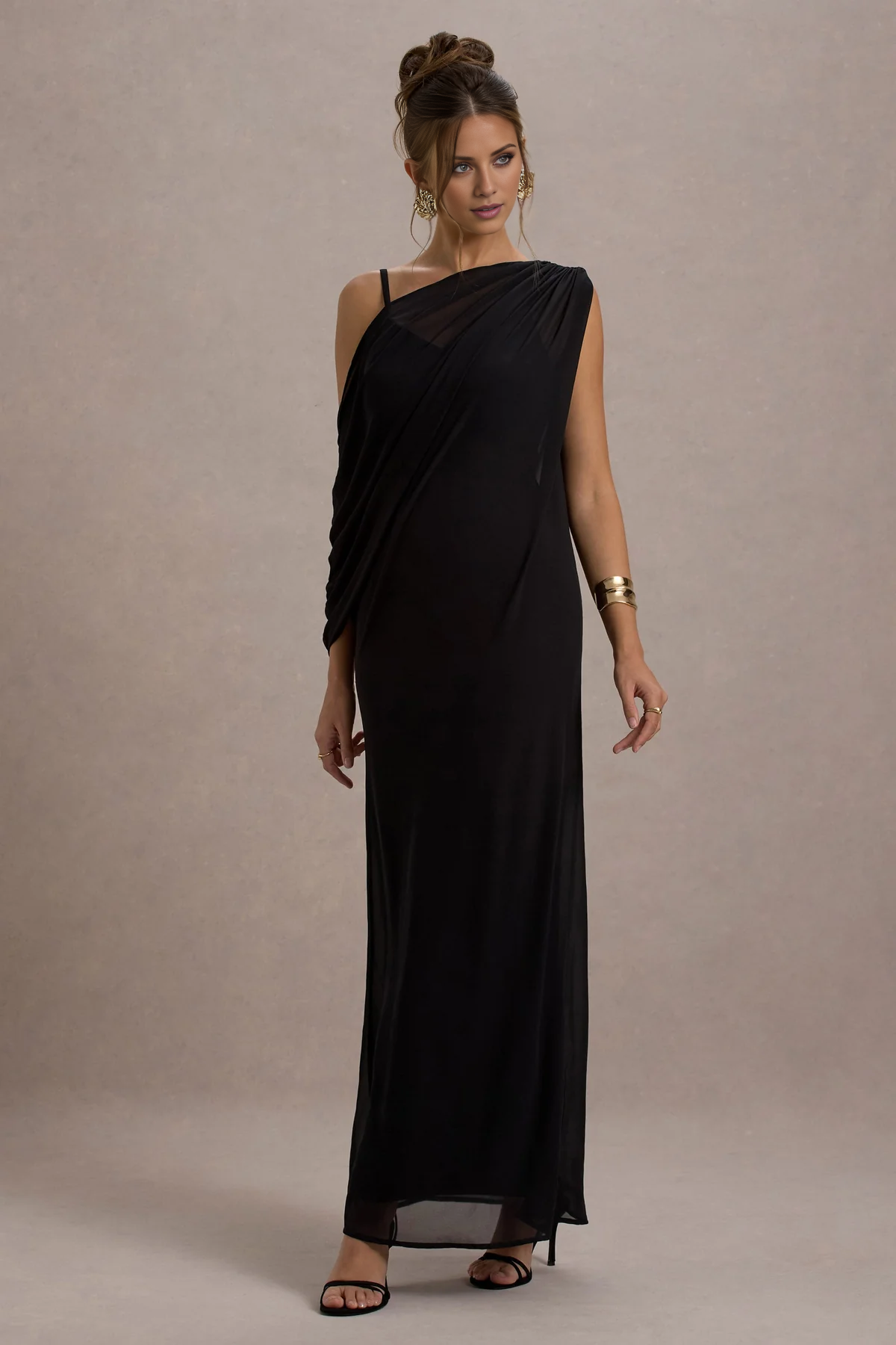 Draped One Shoulder Black Chiffon Floor-Length Dress