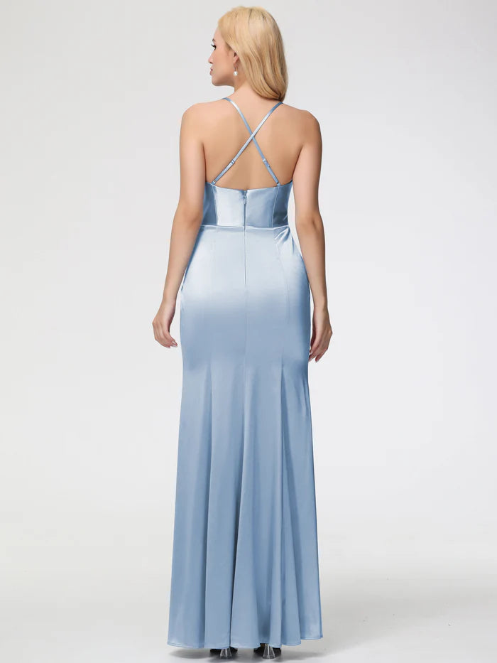 Vestido de fiesta de satén con chal sin mangas, tirantes finos y abertura tipo trompeta/sirena de Jimiss