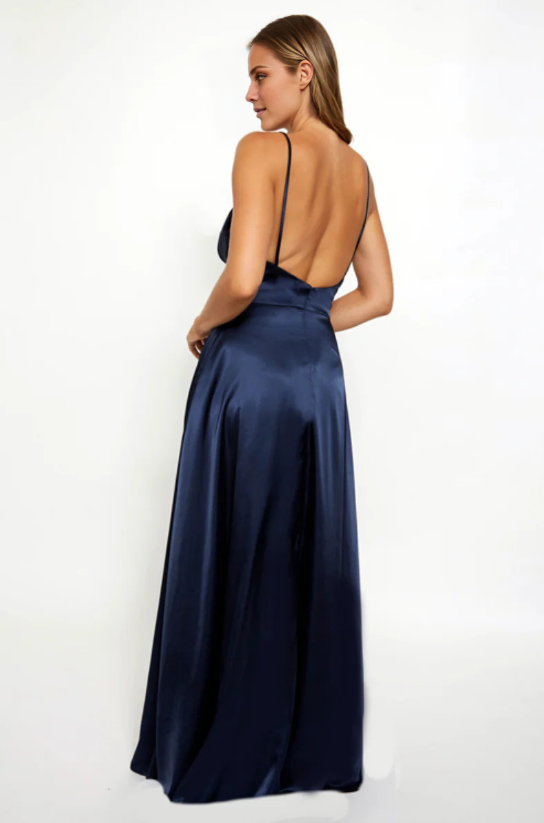 Vestido de fiesta Jimiss con escote en V, hombros descubiertos, sin mangas, tirantes finos, espalda descubierta y largo hasta el suelo