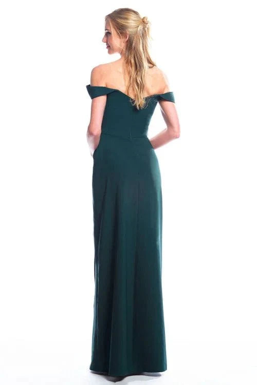 Forest Green Crepe A-Line Floor-Length Bridesmaid Dress with Draped Bodice and Off-the-Shoulder Neckline