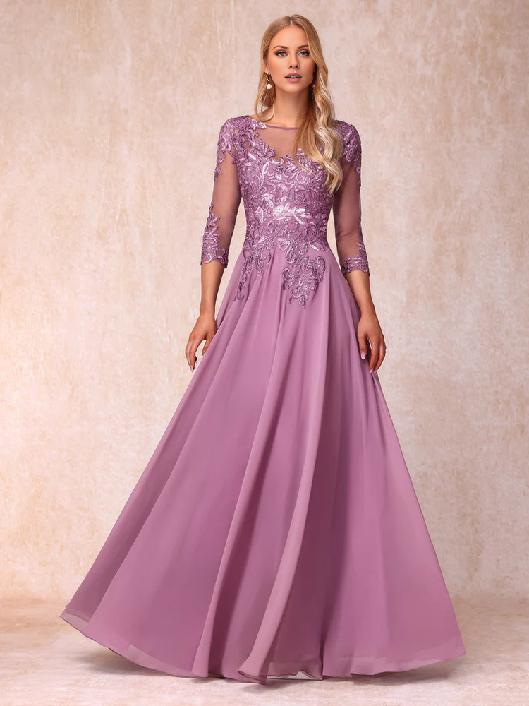 Mauve Chiffon A-Line Floor-Length Dress with Lace Applique Bodice and Illusion Sleeves