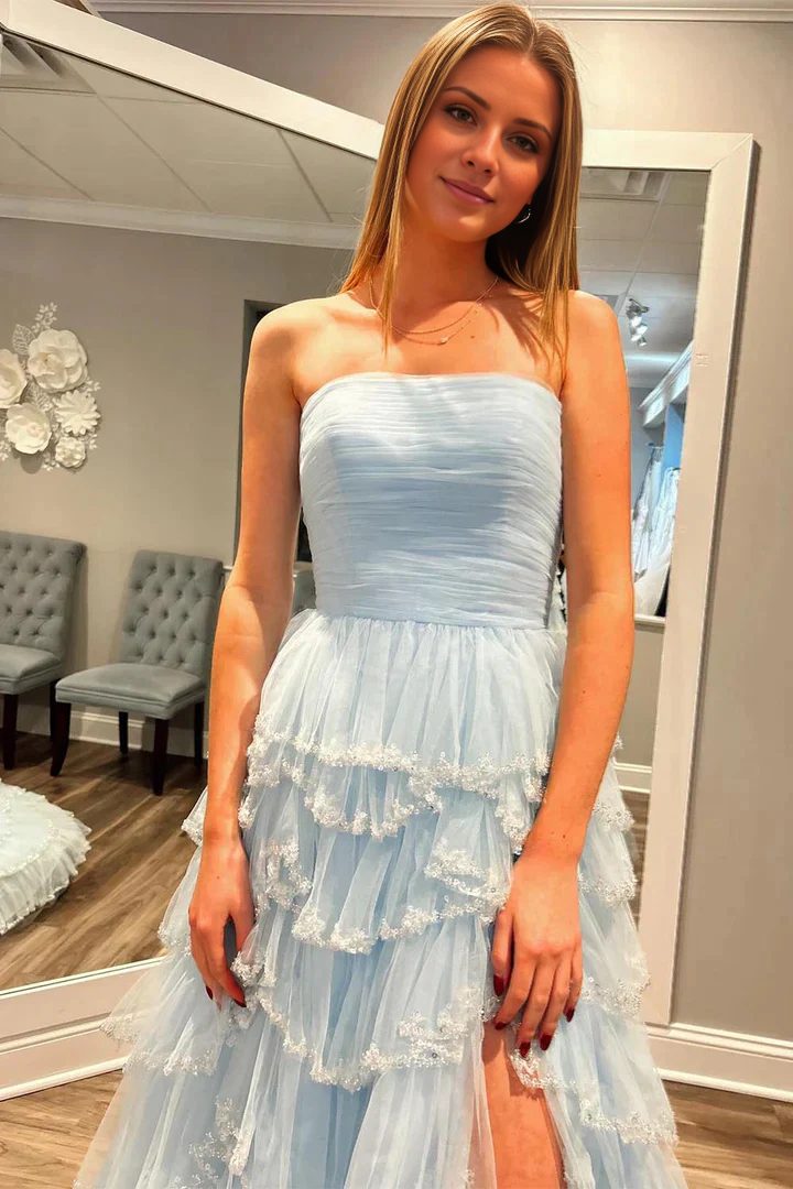 Sky Blue Tulle A-Line Floor-Length Gown with Tiered Ruffles + High Slit