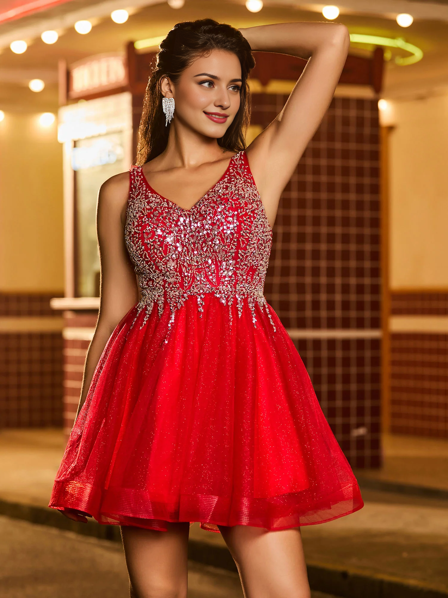 Sparkling pearl embellishment chiffon lace up mini Homecoming dress