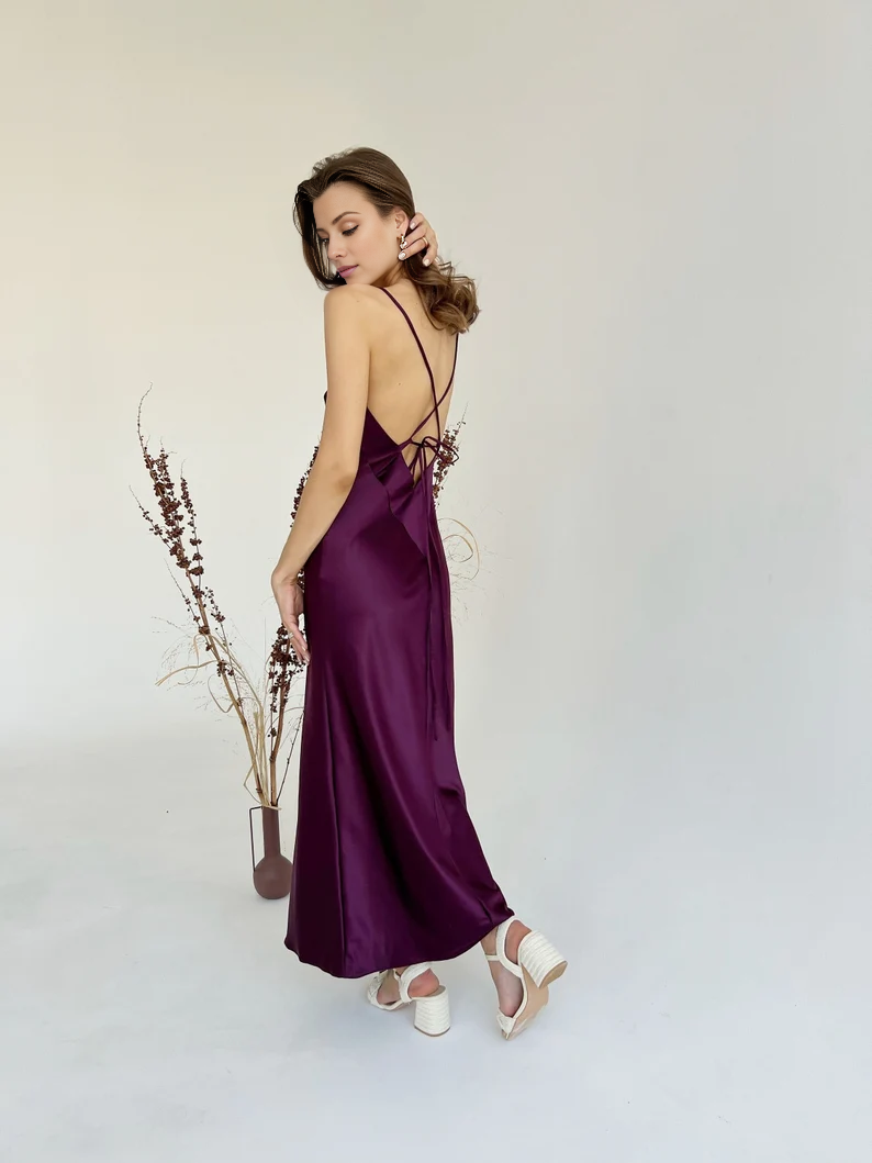 Burgundy Satin Cowl Neck Sheath Ankle-Length Bridesmaid Dress