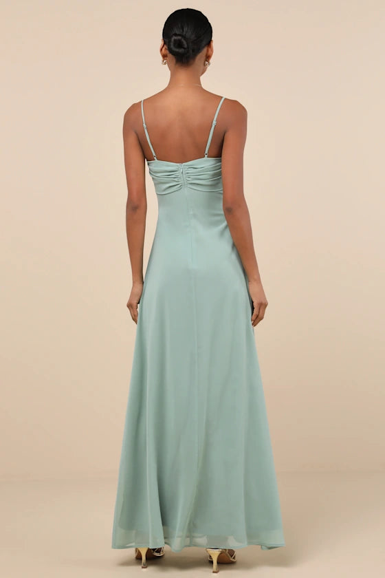 Dusty Sage A-Line Cowl Neck Floor-Length Bridesmaid Dress