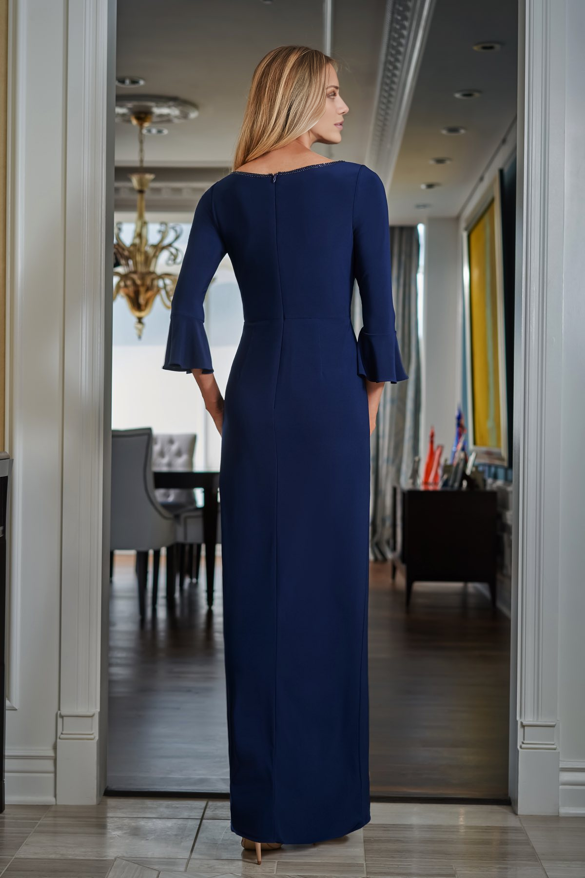Dark Navy Crepe Sheath/Column Floor-Length Dress with Boat Neck and Draped Bodice