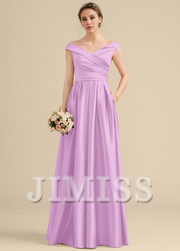 Vestido de dama de honor de satén con volantes, corte A, hombros descubiertos y largo hasta el suelo